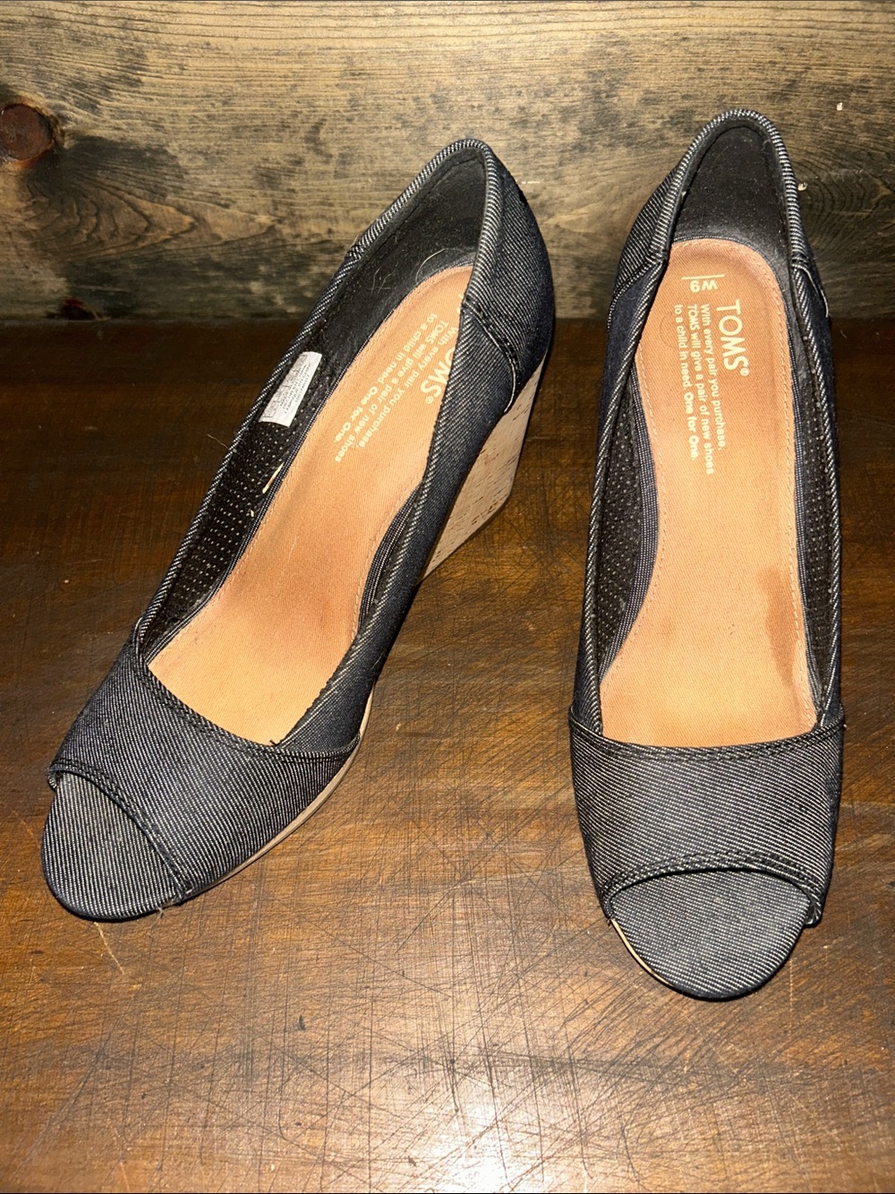 TOMS Women's Jean Peep-Toe Wedge Heels